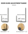 Stainless Steel Sliding Barn Door Floor Guide 2 Pack With Adjustable Brackets For Bottom Track and Wall Mount Flush Bottom Design Protects Flooring Heavy Duty Anti Corrosion Finish Smooth Quiet Operation For Closets shown with adjustment range and door thickness compatibility details.