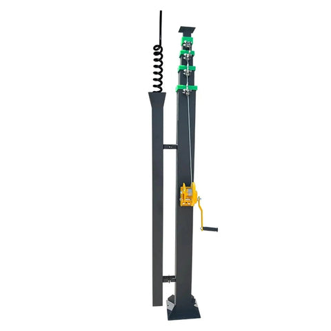 Heavy Duty Rock Solid Hand Crank Telescopic Lift Mast With Double Steel Wire Cable For Job Site Lighting And Gear Mounting Adjustable Modular Outdoor Work Pole side view, showing crank mechanism and stability features.