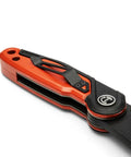 Folding Utility Knife With Tool Free Blade Change, Slim Thumb Bridge Grip, closed view showing end cap storage feature.