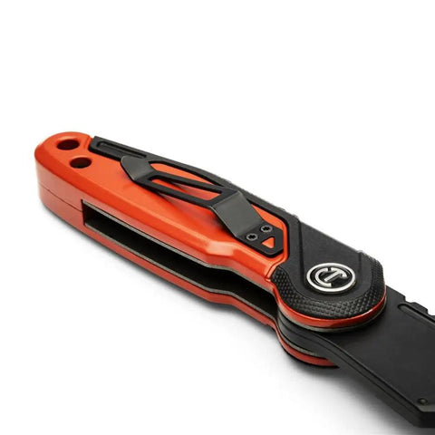 Folding Utility Knife With Tool Free Blade Change, Slim Thumb Bridge Grip, closed view showing end cap storage feature.