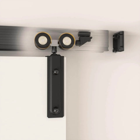 Close-up of installed 60 Inch Box Rail Sliding Barn Door Hardware Kit with Ceiling Mount Heavy Duty Aluminum Track in Black Powder Coat
