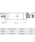 Heavy Duty 800W Water Cooled CNC Router Motor With ER11 Collet, 24000 RPM High Speed Spindle For Woodworking Rigs technical diagram.