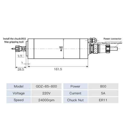 Heavy Duty 800W Water Cooled CNC Router Motor With ER11 Collet, 24000 RPM High Speed Spindle For Woodworking Rigs technical diagram.