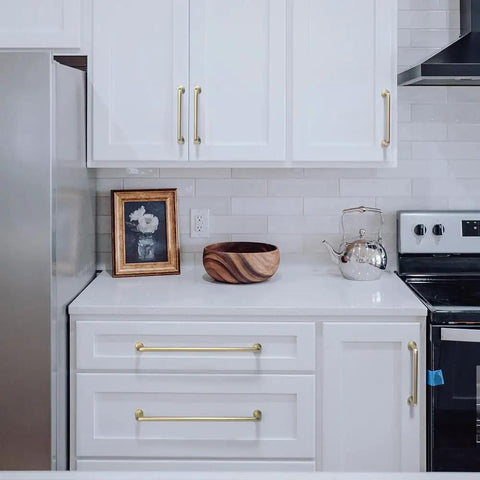 Six Pack Modern Cabinet Pulls In Light Brushed Brass Center To Center Seven And Nine Sixteenths Inches Contemporary Zinc Alloy Drawer Handles