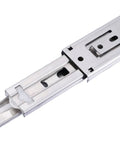 Close-up of full extension drawer slides 10 to 22 inches stainless steel three section drawer slide system for cabinets and furniture hardware.