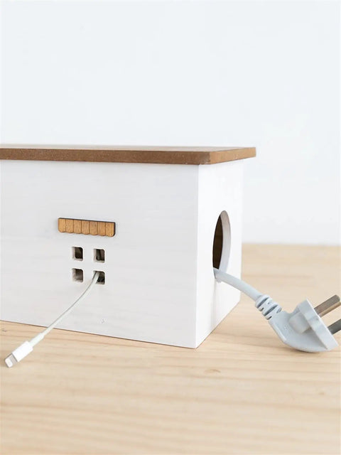 Wooden Cable Management Box For TV And Computer Setup Hidden Cord Organizer And Power Strip Storage with charging hole on desk.