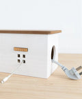 Hidden Cable Management Box Organizer for home office and TV setup, wooden style cord protector with access holes for cords