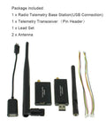 High Power 500mW 915MHz Telemetry Kit For Air And Ground Data Link No Fuss Plug And Play Radio Transmitter Module For APM 2.6 And 2.8 Pixhawk PX4 Flight Controllers OTG Android And PC Ready components with antennas and cables.