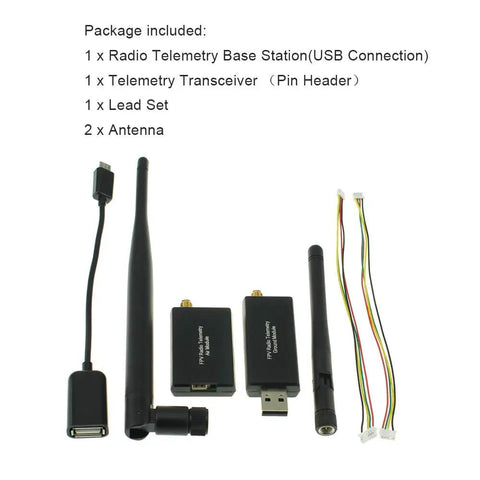 High Power 500mW 915MHz Telemetry Kit For Air And Ground Data Link No Fuss Plug And Play Radio Transmitter Module For APM 2.6 And 2.8 Pixhawk PX4 Flight Controllers OTG Android And PC Ready components with antennas and cables.
