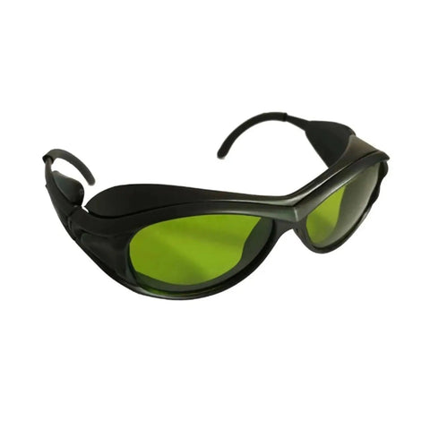 Top Shelf Ipl Safety Goggles With Uv400 And Od5 Plus Filter For 200Nm To 2000Nm Light Exposure Includes Ten Piece Bulk Pack For Salon Crews And Esthetic Pros Grind Proof Eye Shielding in black with green lenses.