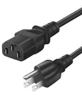 Close-up of Universal 3 Prong AC Power Cord Replacement for treadmills, 6 ft long, black cable with IEC C13 and NEMA 5-15P connectors