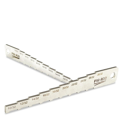 PM-R32 stainless steel brake pad thickness gauge with dual arms; 10/32–28/32 scale for brake lining wear