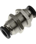 Close-up of 10 Pack Bulkhead Union One Quarter Inch To One Quarter Inch Push To Connect Pneumatic Tube Fittings For Air Lines Through Wall Quick Connect