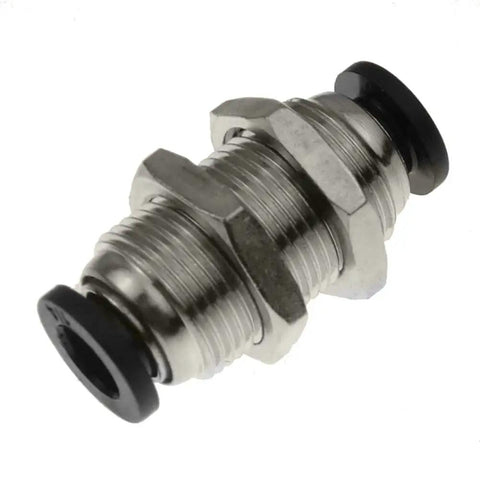 Close-up of 10 Pack Bulkhead Union One Quarter Inch To One Quarter Inch Push To Connect Pneumatic Tube Fittings For Air Lines Through Wall Quick Connect