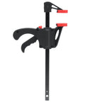 Dead Serious Six Inch Woodworking Bar Clamp With Long Rod Frame for tight corners, featuring black steel frame and red rubber grips.