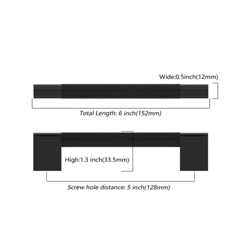 Professional Grade Matte Black Knurled Cabinet Handles, 10 Pack 5 Inch Kitchen Drawer Pulls, detailed dimensions and profile view.