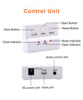 Control unit of Water Leak Detector With Auto Shutoff Valve for 3/4 NPT Pipes, showing buttons, indicators, and jacks.