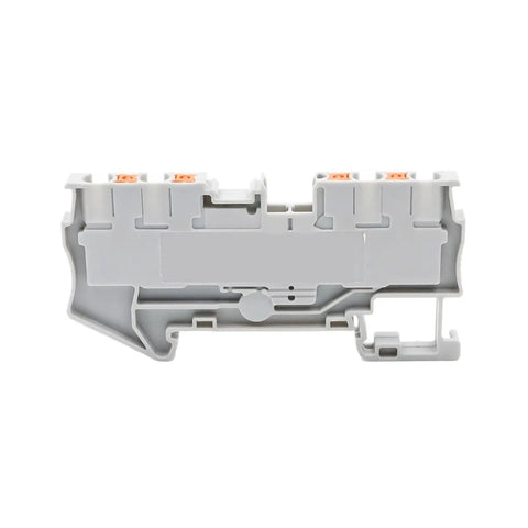 Side view of 50 Pack PT 2.5 Quattro 4 Wire Terminal Block For DIN Rail With Spring Clamp Quick Safe Electrical Connection, gray