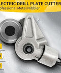 Front view of Amazon electric drill plate cutter for sheet metal with cutting wheel.