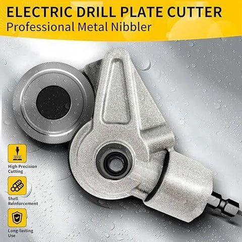 Front view of Amazon electric drill plate cutter for sheet metal with cutting wheel.