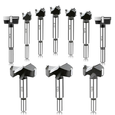 Heavy Duty 10 Piece Forstner Drill Bit Set Dead On Sharp Carbide Tipped drills in various sizes for wood cutting and woodworking.