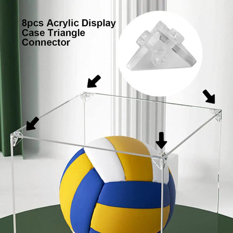 No Sweat Setup Acrylic Display Case Triangle Connector with volleyball, clear corner joints in seamless assembly.