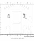 Diagram showing 12 Inch Oslo Outdoor Wall Lantern in Satin Brass Finish with Clear Glass for Porch or Patio next to a doorway.