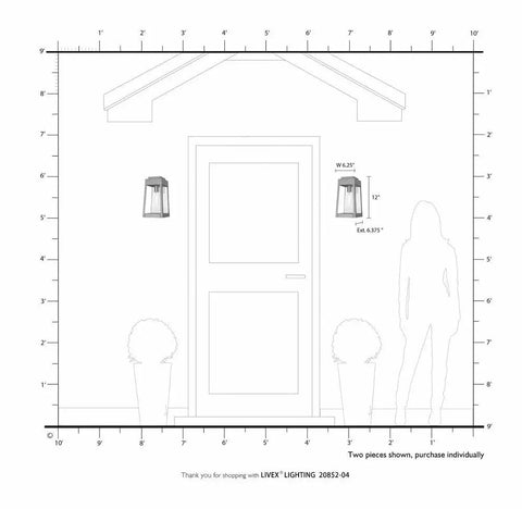 Diagram showing 12 Inch Oslo Outdoor Wall Lantern in Satin Brass Finish with Clear Glass for Porch or Patio next to a doorway.