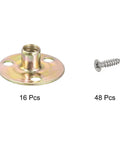 Heavy Duty Built Tough Carbon Steel Brad Hole Tee Nuts Quarter Inch Twenty Thread 16 Pack Round Base with screws for furniture use.