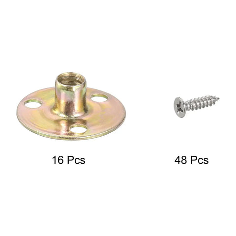 Heavy Duty Built Tough Carbon Steel Brad Hole Tee Nuts Quarter Inch Twenty Thread 16 Pack Round Base with screws for furniture use.