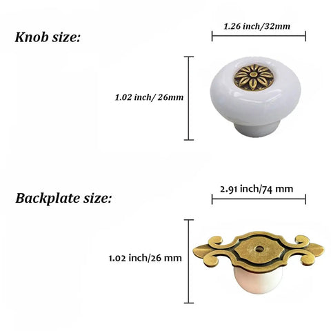 Hella Sturdy Retro Ceramic Cabinet Knobs With Backplate Four Pack Vintage Drawer Pulls Zinc Alloy Kitchen Cupboard Furniture Hardware Quick Swap White Finish For Your Spot, showing knob and backplate sizes.