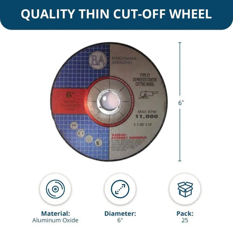 6 Inch Aluminum Oxide Depressed Center Cut Off Wheels For Metal Fabrication, Type 1 Thin Grinder Discs, 0.045 Thick, Seven Eighths Inch Arbor