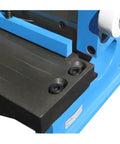 Close-up of 52 Inch 16 Gauge 3 In 1 Sheet Metal Shear Brake Slip Roll Bender Pan Box Workhorse, showing metal surface and blue framework