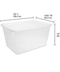 Built Tough 58 Quart Clear Plastic Storage Bin With Zero Sweat Snap Lock Lid showing dimensions 23" L x 16.5" W x 12" H.