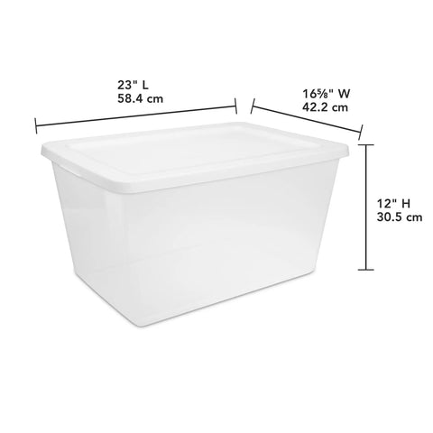 Built Tough 58 Quart Clear Plastic Storage Bin With Zero Sweat Snap Lock Lid showing dimensions 23" L x 16.5" W x 12" H.