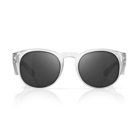 Kickass Polarized Safety Glasses Featuring Rounded Retro Frames And Anti Scratch Coatings Osha Approved Ansi Certified UV400 Polycarbonate Protective Eyewear Totally Dope For Working Men front view with dark lenses and clear frames