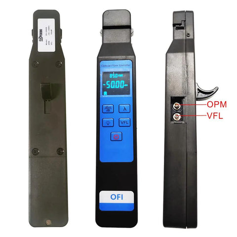Front view of D YEDEMC Live Optical Fiber Identifier with VFL and OPM, blue display