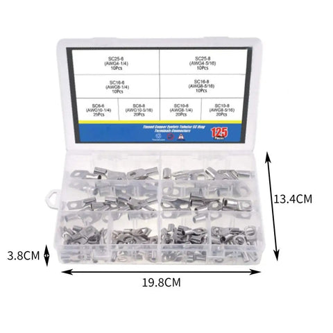 Top Notch 120 Piece Assorted Cable Shoes And Lugs Kit With Tinned Copper Ring Wire Connectors SC6 To SC25 Terminals For Serious Electrician Jobs That Need Reliable And Durable Connections Today, assorted terminals in clear box