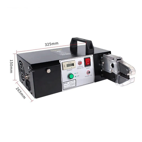 Aoxhugb Em-6B2 Electric Terminal Crimping Machine Wire Cutting Stripping Piers from the side showing controls and size.