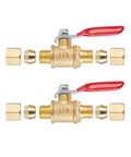 Two brass ball valves with red handles and 1/4 inch compression straight fittings