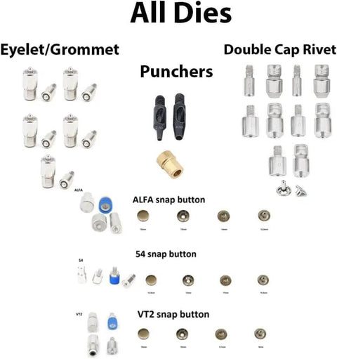 Pro Grade All In One Hand Press Fastener Kit For Rivets Eyelets Grommets And Snap Buttons With Setting Dies display