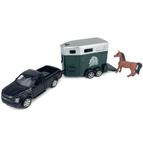 1/36 Scale Diecast Pickup Truck With Trailer And Horse Transporter Open Doors Farm Rig, Metal Toy Car For Kids 3 4 5 6 7 Years