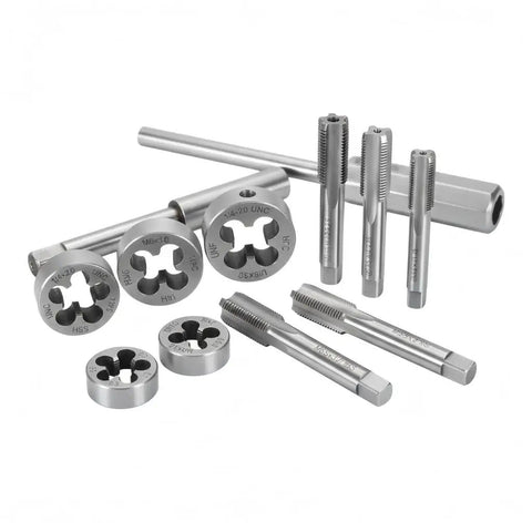 7/16 20 UNF Left Hand Tap And Die Set, High Speed Steel tools for reverse threading and repair, including plugs and dies.