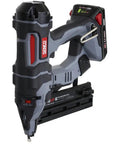 18 Gauge Cordless Brad Nailer With Fusion Air Power Tech Working Smooth As Butter Zero Cord Drag And Ramp Up Nonsense Tool Free Depth Adjustments dual drive switches shown at an angle with battery.