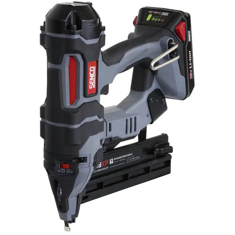 18 Gauge Cordless Brad Nailer With Fusion Air Power Tech Working Smooth As Butter Zero Cord Drag And Ramp Up Nonsense Tool Free Depth Adjustments dual drive switches shown at an angle with battery.