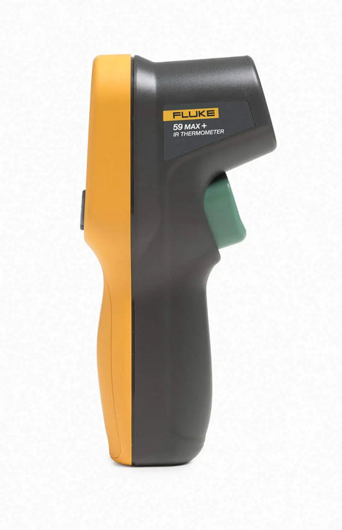 59 Max Plus Infrared Thermometer With 10 To 1 DTS Ratio, Backlit LCD, Laser Pointer, And Compact Toolbox Ready Industrial Grade Temp Tool For Fast, Accurate Measurements From 22 F To 932 F (30 C To 500 C) In Tough Work Environments., side view of black and yellow handheld infrared thermometer