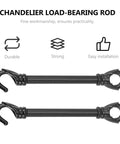 Three Pack Chandelier Load Bearing Downrods With Hook For 5.70 Inch Ceiling Light Support Rods, front view of durable black rods