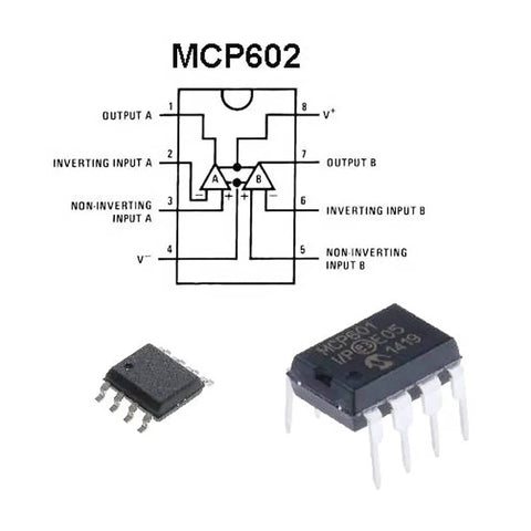 Diagram and close-up of 10 Pack MCP602 I P Dual Op Amp IC In DIP 8 With Socket Adapter, low bias current, high speed rail output.