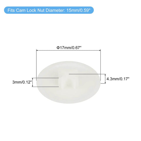 Straight Up Solid 40 Pack Screw Cap Covers Premium Warm White Decorative Plastic Caps For Phillips Cam Lock Nuts Waterproof PP Build Self Tapping Screws No Sweat Upgrade Top Tier, 17mm diameter screw cap with measurements.