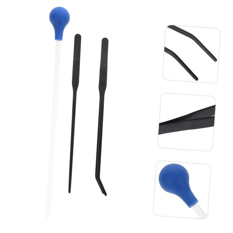 Happyyami feeder tweezers set of 3 with long handles and blue bulb; includes straight and curved tips.
